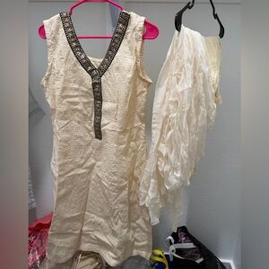 Cream Sleeveless kurta with matching pants and dupatta - desi outfit